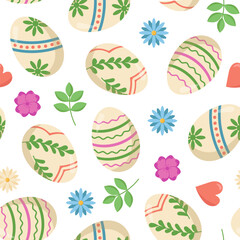 Vector seamless pattern with Easter eggs and flowers. Easter egg hunt invitation template on white background. Wallpaper and packaging design.