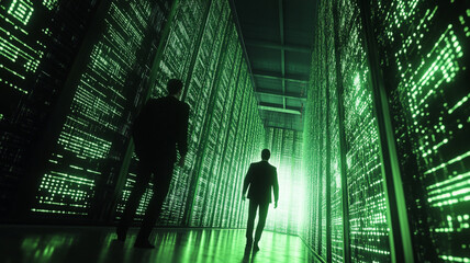 Silhouetted figures walking through high tech data center, illuminated by glowing green lights, representing cybersecurity and data encryption in modern corporate environment