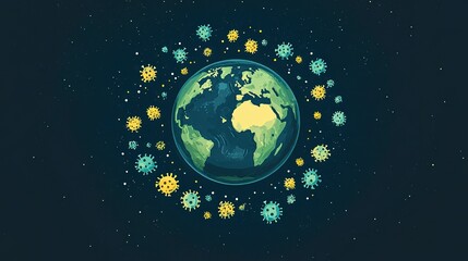 Naklejka premium Globe surrounded by floating virus icons highlights global health challenges and interconnectedness