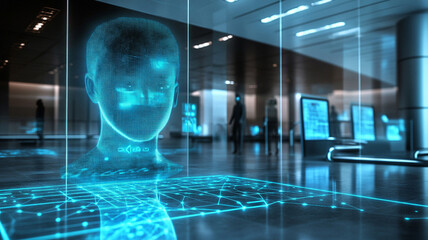 Futuristic digital interface showcasing holographic human face, representing advanced technology and identity verification. environment is sleek and modern, emphasizing innovation and security