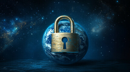 Secure digital padlock over globe symbolizes global data protection and cybersecurity. This evokes sense of safety and trust in digital world