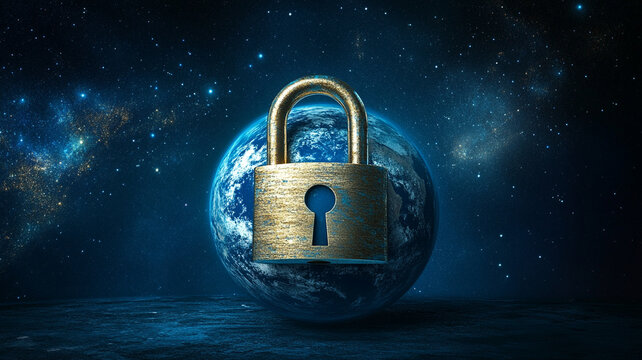 Secure digital padlock over globe symbolizes global data protection and cybersecurity. This evokes sense of safety and trust in digital world