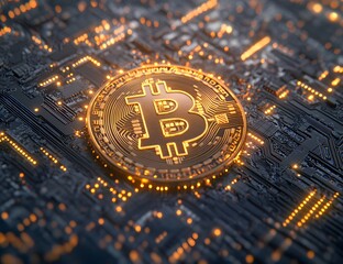 Golden cryptocurrency coin on a circuit board background representing digital finance.