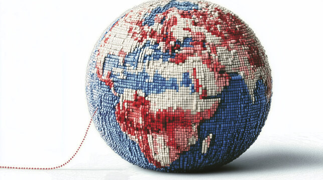 Pixelated Globe with Red String on White Background