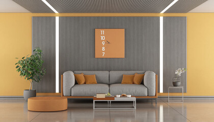 Modern living room interior with gray sofa and orange details featuring a large clock