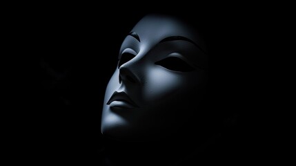 A theatrical mask is illuminated against a dark background