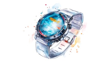 Watercolor Wristwatch Illustration with Colorful Digital Face