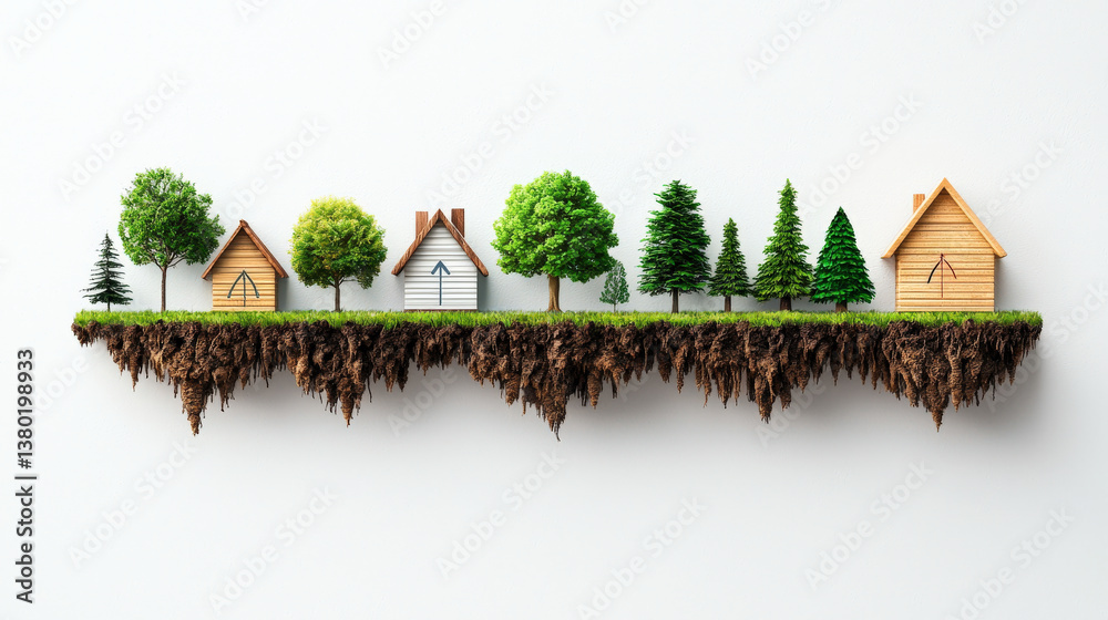 Poster row of small houses and trees sits on floating piece of land, symbolizing harmony between nature and