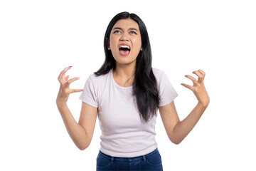 Angry young Asian woman expressing frustration and rage, yelling with hands raised, isolated on...