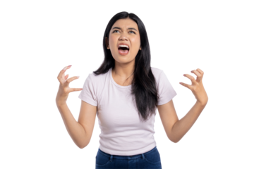 Angry young Asian woman expressing frustration and rage, yelling with hands raised, isolated on transparent background