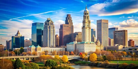 Obraz premium Columbus Ohio Skyline, Panoramic Daytime View, High-Resolution Stock Photo