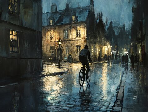 Riding Bicycle on Wet Cobblestone Street at Night in European City - Powered by Adobe