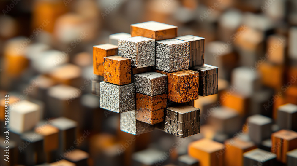Aufkleber cluster of metallic cubes with varying textures and colors, including rust and silver, floats above blurred background of similar cubes, creating futuristic and abstract scene