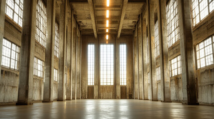 Fototapeta premium Minimalist Modern Architecture: Vast Concrete Hall with Columnar Structure and Illuminated Windows, Contemporary Design Aesthetic