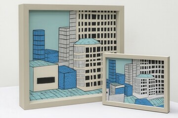 A unique artistic depiction of modern city architecture featuring two framed pieces showcasing stylized buildings in blue and white against a pastel background, ideal for creative spaces