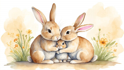 Obraz premium Loving rabbits cuddling with their baby in a floral setting. Vintage card, Mother's Day concept 