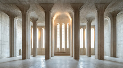 Obraz premium Minimalist Modern Architecture: Vast Concrete Hall with Columnar Structure and Illuminated Windows, Contemporary Design Aesthetic
