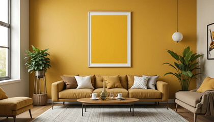 A retro-modern living room with a mustard-toned wall, featuring a framed poster mockup in a sleek white frame with a bold black border.
