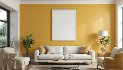 A retro-modern living room with a mustard-toned wall, featuring a framed poster mockup in a sleek white frame with a bold black border.