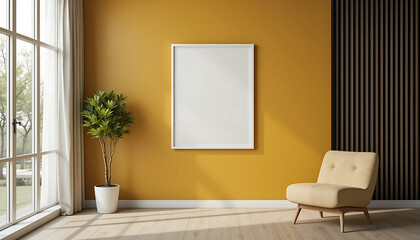 A cozy retro-modern space with a mustard-colored accent wall, highlighting a framed poster mockup in a crisp white frame with a contrasting black border.