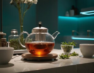 Fototapeta premium A glass teapot with steeping tea and fresh herbs on a serene kitchen countertop.