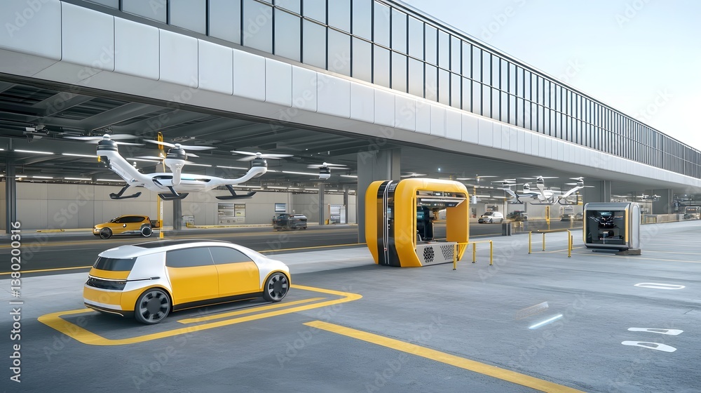 Poster a modern high tech transportation hub featuring self driving electric vehicles cargo drones and adva
