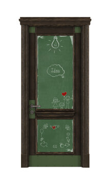 Closed green door with drawings of family values and a light bulb representing ideas, promoting creativity and imagination-3d rendering