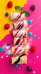 Obraz premium Playful and Colorful Scene of Crepe Rolls with Raspberry Cream and Blueberry Sauce on Bright Clean Plate with Minimal Decor