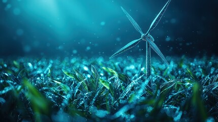 Innovative Wind Turbine Model Enhancing Green Energy Efficiency in Lush Grass Landscape Under Ethereal Light Conditions