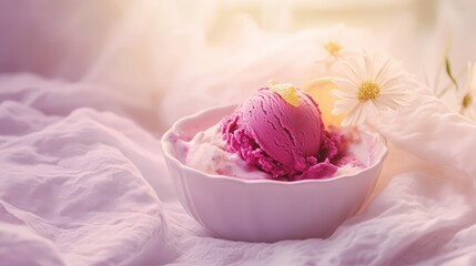 Delicate Presentation of Beetroot Ice Cream with Honey and Lemon in White Ceramic Bowl