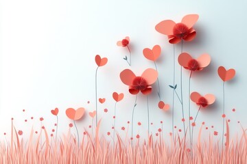 Red paper cut flowers and heart shapes arranged on a gentle pink background, offering copy space, perfect for Valentine's Day, love, wedding, or romantic greeting cards