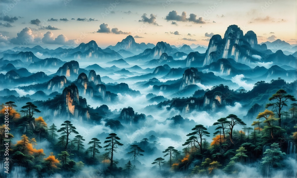 Poster Misty mountain range at dusk, with layered peaks and valleys covered in fog. Trees are visible on the slopes beneath a colorful sky.