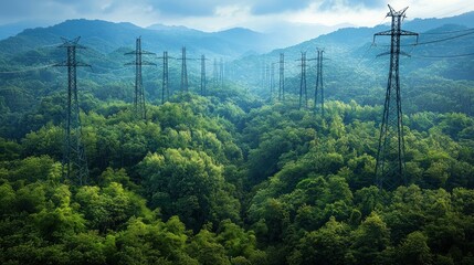 Obraz premium Scenic View of Power Lines in Lush Green Landscape Surrounded by Mountains and Clouds