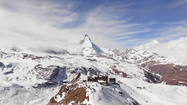Aerial Drone of Gornergrat Railway Station on Glacier Summit, Matterhorn Winter