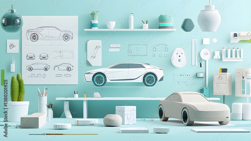 Aufkleber A modern minimalist workspace showcasing the creative process of an automotive designer featuring futuristic car sketches 3D model renderings and a clay prototype on display