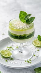Fototapeta premium Refined Mojito-Inspired Dessert with Lime Jelly, Mint Cream, and White Chocolate in Elevated Glass Cup