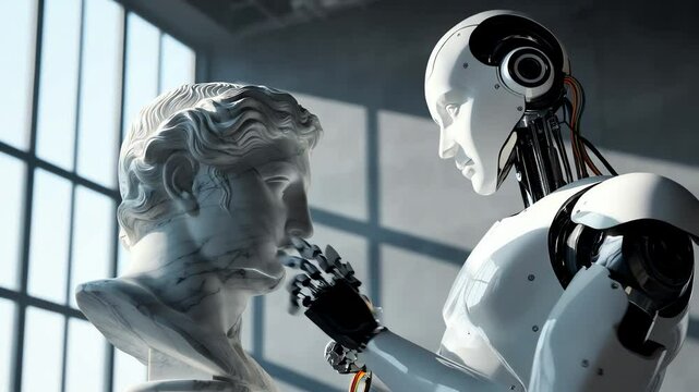 Image of a robot sculpting a classical bust with a tool in its hand. The image captures the intersection of technology and art, and the creation process
