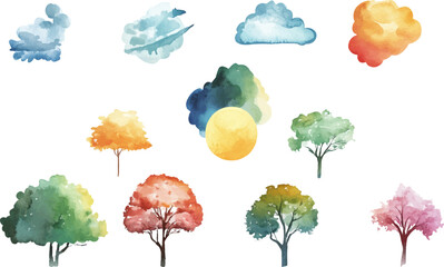Weather icon set in watercolor, vector illustration on a white background, with pastel colors, rainbows and suns, clouds, tornadoes, snowflakes, and wind with different sizes of symbols for the day to