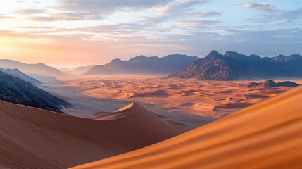 Fototapeta premium Golden dunes stretch endlessly beneath a vibrant sky as the sun sets, illuminating the arid terrain. Distant mountain silhouettes enhance the breathtaking beauty of this serene desert landscape