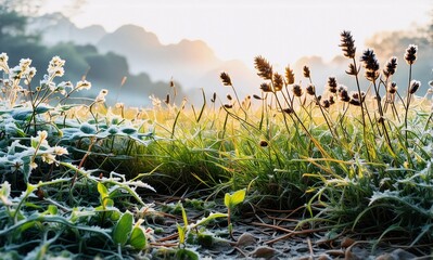 A serene morning scene depicts a field with frosted grass and plants, glistening under soft sunlight. Mist blankets the background, creating a tranquil and cold, natural landscape.