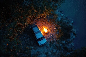 A top-down view of an SUV camping spot at night, its campfire glowing against the surrounding darkness