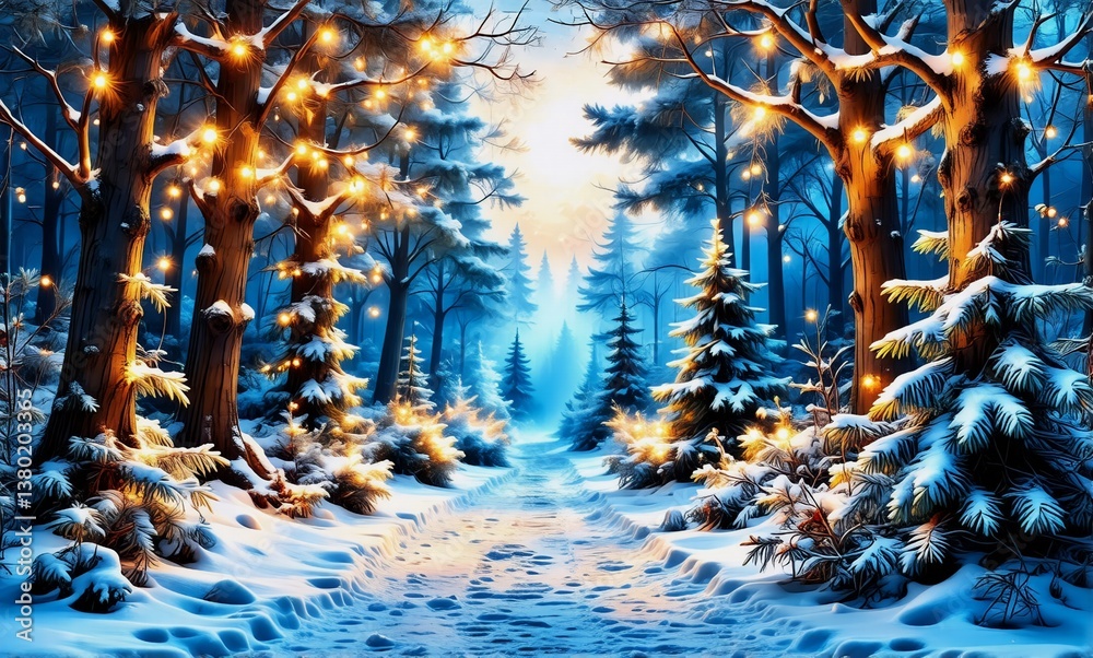 Aufkleber snowy forest path illuminated with warm lights on trees creates a magical winter wonderland atmosphe