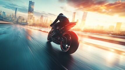 POV of a motorcycle zooming down an elevated freeway, skyline glowing in distance, glass buildings reflect sunbeams, subtle lens flare trails the rider&rsquo;s path.