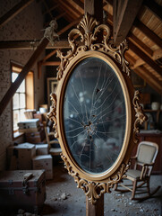 Broken ornate mirror reflecting an old attic space  