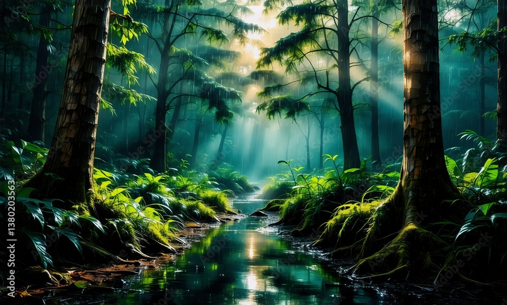 Poster a tranquil forest scene with sunlight streaming through the canopy, illuminating a gentle stream flo