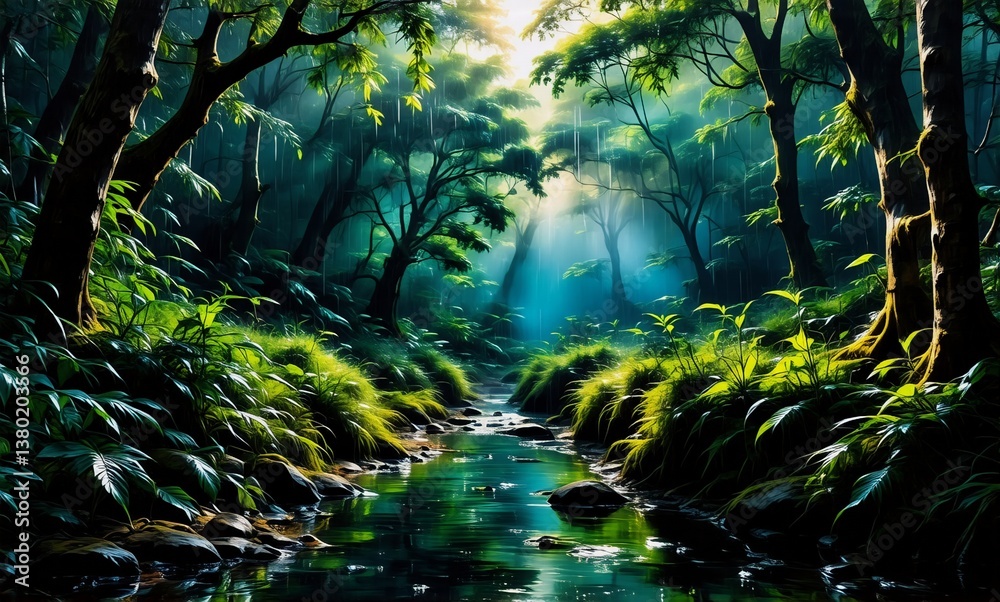Poster Sunlight streams through dense trees, illuminating a gentle stream in a vibrant green forest. Nature's beauty in a peaceful woodland scene.