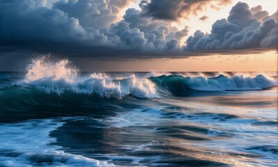 Naklejka premium Powerful ocean waves crash and roll under a dramatic sky with sunset colors and dark storm clouds. The sea is turbulent and foamy.