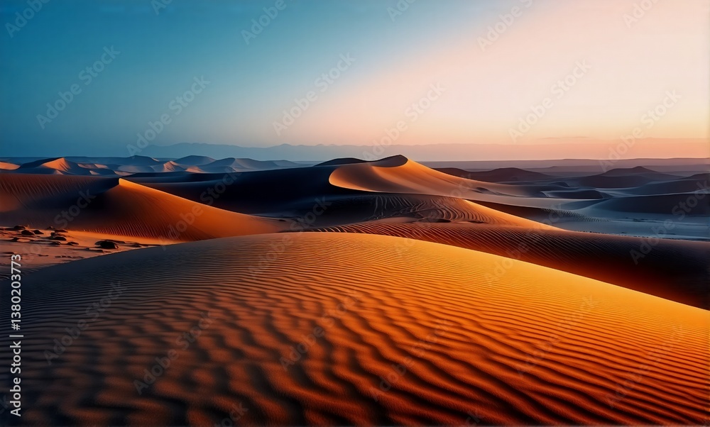 Poster golden sand dunes ripple across a vast desert under a gradient sky at sunset. warm light and shadows