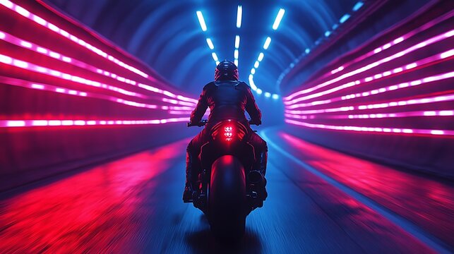 POV of riding a superbike through a tunnel filled with synchronized light strips, creating a pulsating rhythm of shadows and highlights, modern and sleek design throughout.