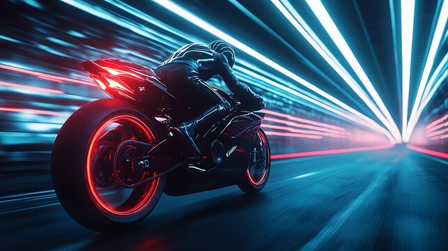 POV of riding a superbike through a tunnel filled with synchronized light strips, creating a pulsating rhythm of shadows and highlights, modern and sleek design throughout.
